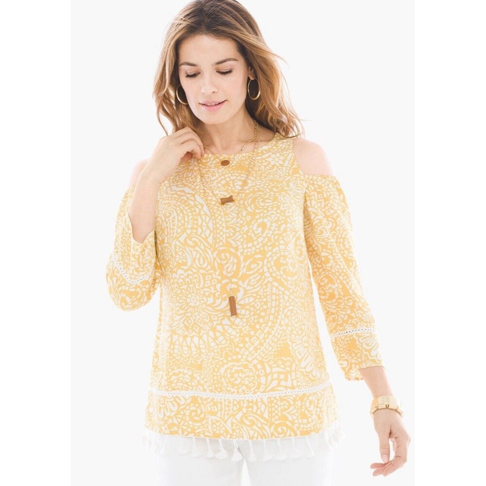 Chicos Mosaic Paisley Cold Shoulder Blouse Yellow White Crochet Tassel Boho XL